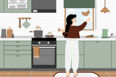 Hikaye anlatma unsurlarıyla dolu günlük hayatın samimi, minimalist bir çizimi. Bir kadın bir kuşla iletişim kurarken yemek pişiriyor. Mutfak anlarında sevinci vurgular.