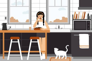 Hikaye anlatma unsurlarıyla dolu günlük hayatın samimi, minimalist bir çizimi. Kedisiyle kahvaltı yapan bir kadın. Sıcak mutfak anı dostluk ve sükunetle dolu.