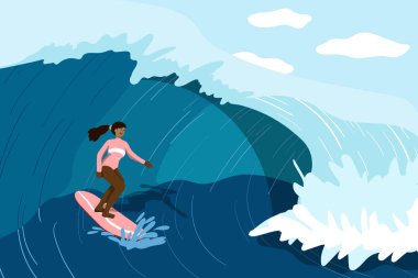 Hikaye anlatma unsurlarıyla dolu günlük hayatın samimi, minimalist bir çizimi. Dalgalarda sörf yapan bir kadın. Okyanus maceralı canlı ve güç verici bir yaz sahnesi..