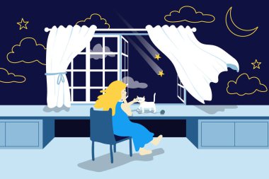 Hikaye anlatma unsurlarıyla dolu günlük hayatın samimi, minimalist bir çizimi. Pencereden kayan yıldızları izleyen bir kadın. Umudu, yalnızlığı ve duygusal yansımayı yansıtır..