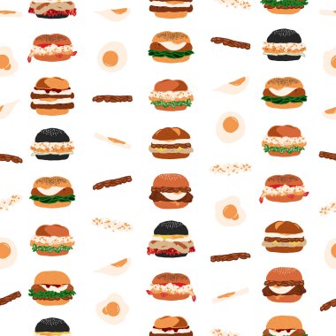 Elle çizilmiş şirin hamburger temasının kusursuz desenli tasarımı. Dijital arkaplan, restoran menüleri, ambalaj, ambalaj kağıdı, tekstil, mutfak dekorasyonu ve duvar kağıdı için mükemmel..