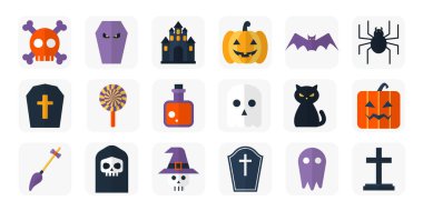 Ürkütücü dekorasyon, mevsimlik projeler, davetiyeler ve modern dijital UI / UX arayüzleri için minimal renkli tasarımı olan Cadılar Bayramı düz simgesi seti. Uygulamalar, düğmeler ve web tasarımı için vektör PNG simgeleri.