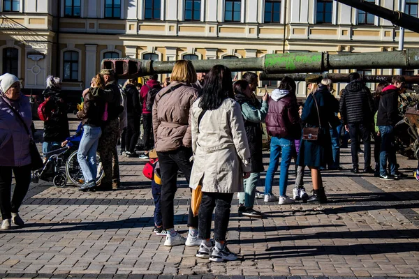 stock image People visiting an open air exhibition and features Russian military equipment that was captured and destroyed during the 2022 Russian invasion of Ukraine