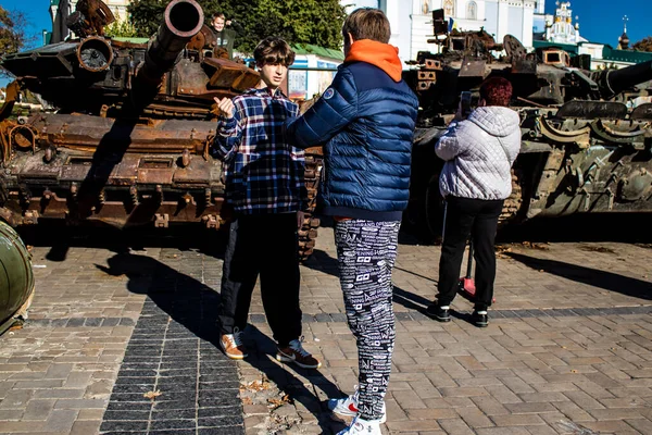 stock image People visiting an open air exhibition and features Russian military equipment that was captured and destroyed during the 2022 Russian invasion of Ukraine