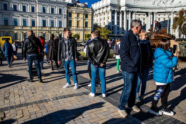 stock image People visiting an open air exhibition and features Russian military equipment that was captured and destroyed during the 2022 Russian invasion of Ukraine