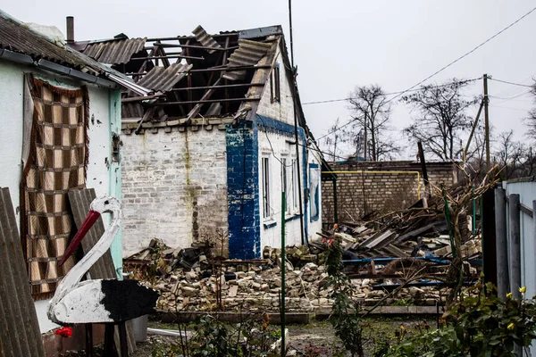 stock image Cityscape of the destroyed village of Stavky in the Donbass in Ukraine, this is the front line, the Russian army has invaded Ukraine and fierce fighting takes place in this region which has become a battlefield