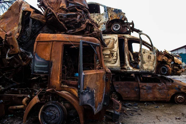 stock image The cemetery of destroyed civilian vehicles in Irpin, the town that played a crucial role in the Battle for Kyiv.