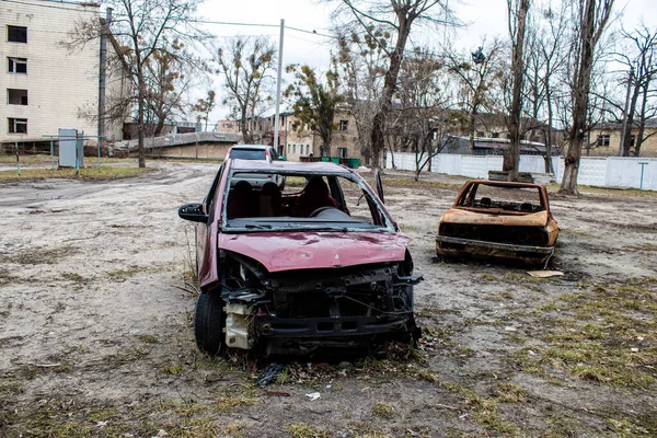 Destruyó Vehículos Civiles Irpin Suburbio Kiev Ciudad Que Jugó Papel —  Fotos de Stock
