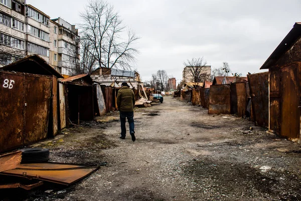 Vernietigde Garages Hostomel Een Voorstad Van Kiev Deze Plek Werd — Stockfoto