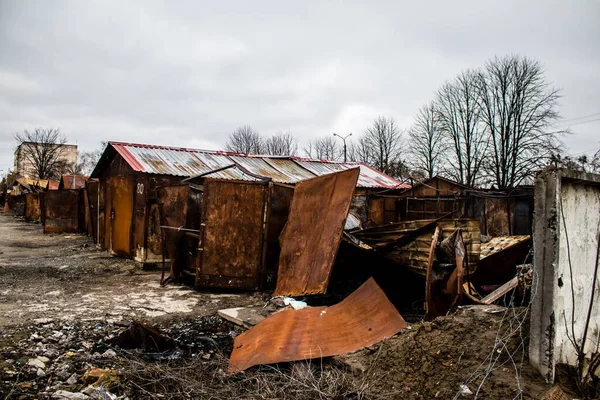 Vernietigde Garages Hostomel Een Voorstad Van Kiev Deze Plek Werd — Stockfoto