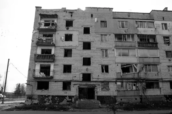 Plupart Des Bâtiments Borodyanka Sont Détruits Endommagés Ville Été Bombardée — Photo