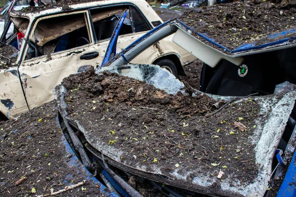 Destroyed Car Explosion Aftermath Missile Attack City Sloviansk Damage Considerable — Stock Photo, Image