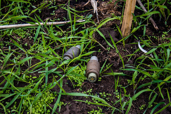 Vasylenkove, Ukraine - 20 Apr 2023 Various Russian anti-tank, anti-personnel and explosive mines collected by deminers. A large number of defensive and attack explosives are used by the Russian army. Its explosives are a danger for the population