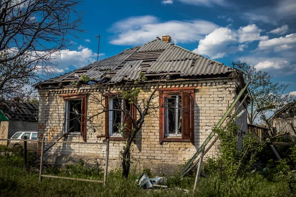 Heavily Damaged Destroyed Houses Village Yampil Donetsk Oblast Ukraine Ukrainian — Stock Photo, Image