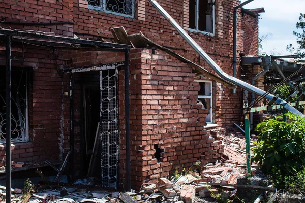 stock image The gas station near Dolyna village is destroyed and permanently closed, this prevents inhabitant from refueling in order to leave the combat zone. Civilian infrastructures are prime  target by the Russian army.