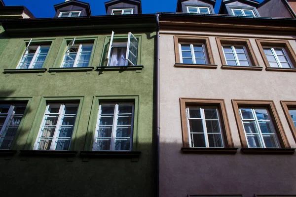 stock image Warsaw, Poland - May 28, 2023 Facade of restored medieval building around Stary Rynek, Old Town Market Place. The urban complex is almost entirely reconstructed after the WWII total destruction.