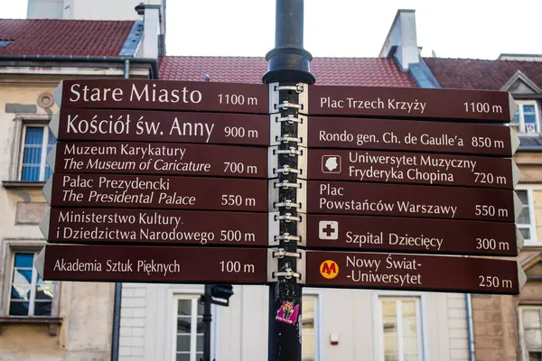 Varşova, Polonya - 28 Mayıs 2023 Sokak tabelası veya yol tabelası, yol kullanıcısına bilgi sağlamak için yolun kenarına veya yukarısına dikildi.