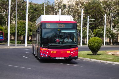 Sevilla, İspanya - Haziran 06, 2023 Sevilla caddelerinde ve şehrin ulaşım sisteminin bir parçası olan otobüs seferleri pahalı değildir..