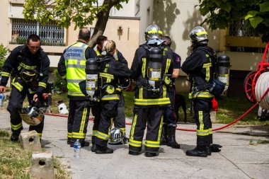 Reims, Fransa 'da yanan bir binaya müdahale eden itfaiyeciler - 26 Haziran 2023 - Fransa' nın Croix Rouge bölgesindeki binalardan birinde çıkan yangını söndürmeye çalışıyorlar. 