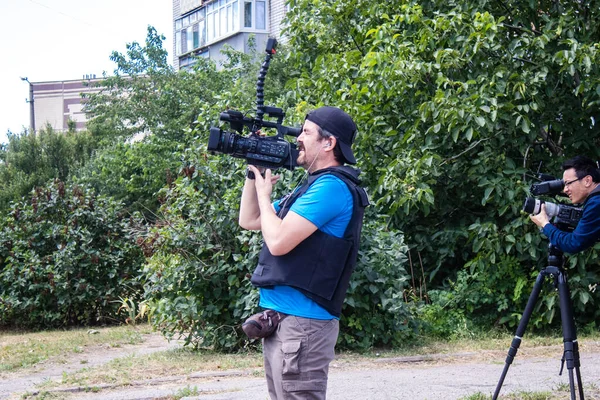Cagatay Yavuz Operadores Câmera Trabalhando Com Omar Hajj Correspondente Europa — Fotografia de Stock
