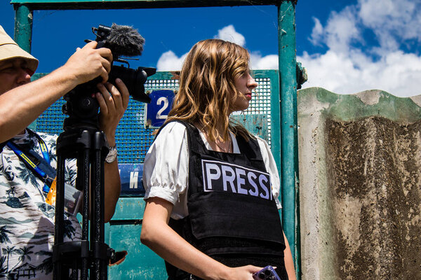 Nikopol, Ukraine - July 10, 2023 Sofiia Moskalenko, journalist for the Ukrainian national television. This outstanding journalist covers the war in Ukraine and provided direct information on the situation. 