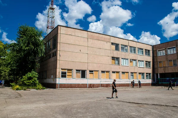 Nikopol Ukraine Juli 2023 Beskadigede Bygninger Nikopol Russiske Hær Bomber - Stock-foto