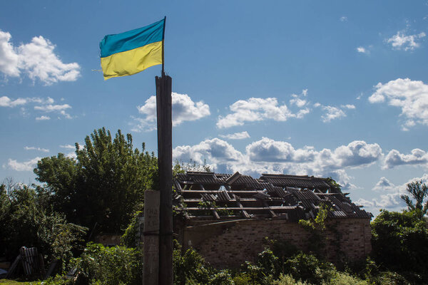 Damaged building located in the town of Kam'yanka. Civilian infrastructures are the privileged target of the Russian army. Russia invaded Ukraine and heavy fighting took place in this area.