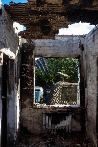 stock image Damaged building located in the town of Kam'yanka. Civilian infrastructures are the privileged target of the Russian army. Russia invaded Ukraine and heavy fighting took place in this area.