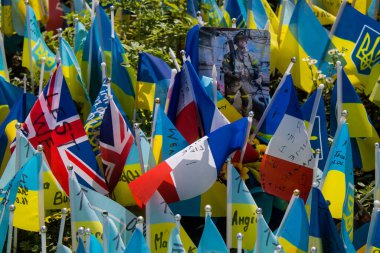 Thousands of flags have been planted at the makeshift memorial for fallen soldiers in Maidan Square in Kyiv. Each flag is a tribute to someone who was killed by Russia's war in Ukraine. The flags of different countries whose fighters are nationals ar