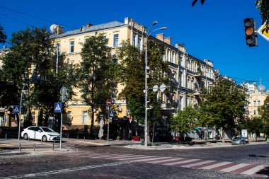 Kyiv , Ukraine - July 19, 2023 Facade of a building and architecture of the city of Kyiv, the capital of Ukraine during the war with Russia, the historical and modern buildings of Kyiv are the target of Russian missiles or drones. 