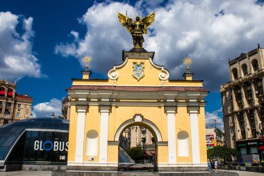 Kyiv , Ukraine - July 19, 2023 Facade of a building and architecture of the city of Kyiv, the capital of Ukraine during the war with Russia, the historical and modern buildings of Kyiv are the target of Russian missiles or drones. 