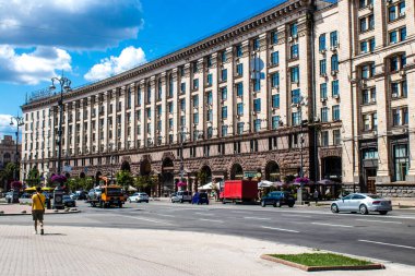 Kyiv , Ukraine - July 19, 2023 Facade of a building and architecture of the city of Kyiv, the capital of Ukraine during the war with Russia, the historical and modern buildings of Kyiv are the target of Russian missiles or drones. 