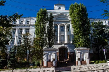 Kyiv , Ukraine - July 19, 2023 Facade of a building and architecture of the city of Kyiv, the capital of Ukraine during the war with Russia, the historical and modern buildings of Kyiv are the target of Russian missiles or drones. 