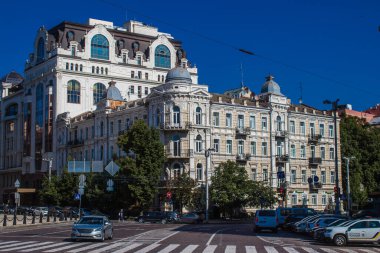 Kyiv , Ukraine - July 19, 2023 Facade of a building and architecture of the city of Kyiv, the capital of Ukraine during the war with Russia, the historical and modern buildings of Kyiv are the target of Russian missiles or drones. 