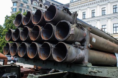 Kyiv, Ukraine - July 19, 2023 The exhibition of destroyed Russian military equipment is an outdoor exhibit and features Russian military equipment that has been captured and destroyed by Ukraine since the start of the war. 