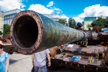 Kyiv, Ukraine - July 19, 2023 The exhibition of destroyed Russian military equipment is an outdoor exhibit and features Russian military equipment that has been captured and destroyed by Ukraine since the start of the war. 