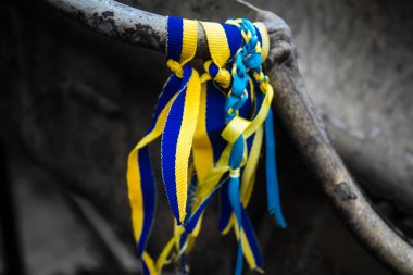 Kyiv, Ukrayna - 31 Temmuz 2023 Ukrayna 'ya savaşın başlangıcından beri Ukrayna tarafından imha edilen Rus askeri teçhizatına Ukrayna renginde bilezikler takmaya geldiler..