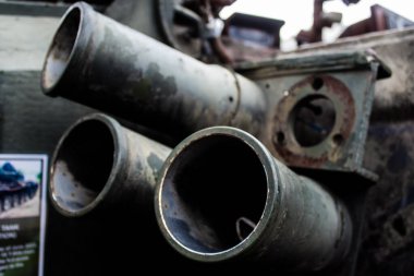 Kyiv, Ukrayna - 31 Temmuz 2023 Ukrayna 'da savaşın başlangıcından bu yana Rusya' nın askeri teçhizatının yakın çekimleri Kyiv şehir merkezindeki açık hava sergisinde gerçekleşti..