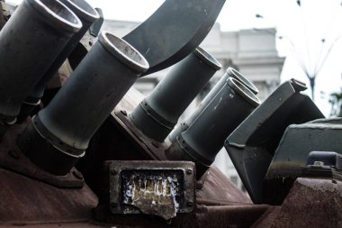 Kyiv, Ukrayna - 31 Temmuz 2023 Ukrayna 'da savaşın başlangıcından bu yana Rusya' nın askeri teçhizatının yakın çekimleri Kyiv şehir merkezindeki açık hava sergisinde gerçekleşti..