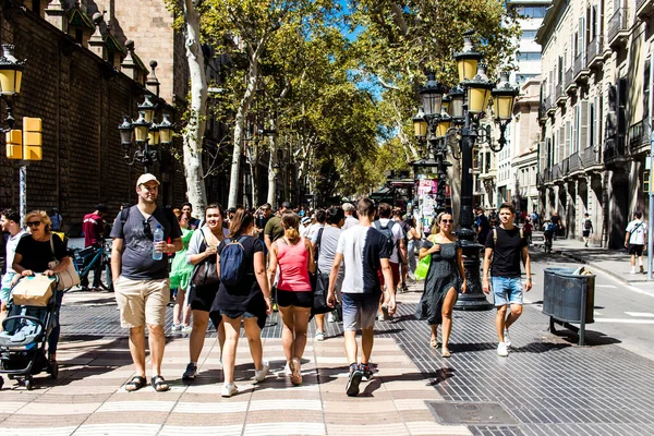 Barselona, İspanya - 28 Ağustos 2023 Barselona caddesinde yürüyen turistler, sembolik bir şehir ve İspanya Kataloglarının başkenti.