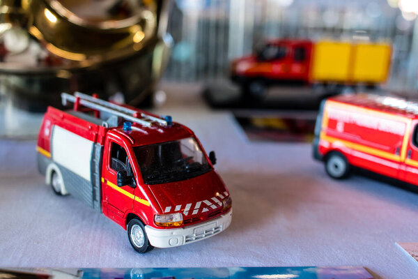 Reims, France - September 02, 2023 Fire engine models presented to the public at the fire station open day on the occasion of the 30th anniversary of the rescue center.