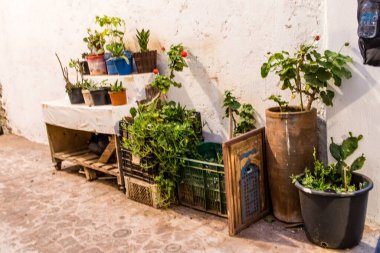 Marakeş, Fas - 25 Ağustos 2023 Marakeş Medina, ortaçağ mahallesi, sokaklar ve mimari. Şehrin dar, dolambaçlı bir Arap yerleşimi var. Tipik doğu şehirleri..