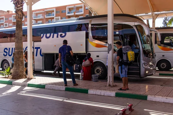 stock image Marrakech, Morocco - August 28, 2023 People traveling in a Supratours bus between Marrakech and Agadir. The price is cheap and the service excellent.