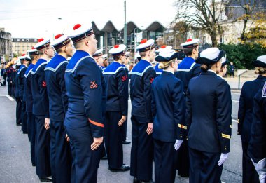 Reims, Fransa - 11 Kasım 2023 Fransız askeri 1. Dünya Savaşı 'nın bitişini simgeleyen ateşkes törenine katıldı.