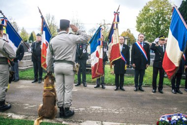 Reims, Fransa - 11 Kasım 2023 Gaziler Birinci Dünya Savaşı 'nın bitişini simgeleyen ateşkes töreninde bayraklar taşıdılar