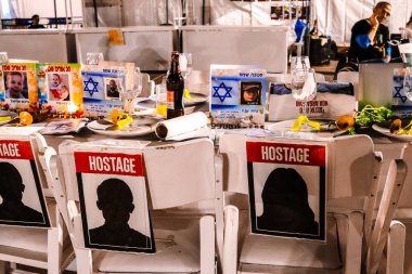 Tel Aviv, Israel - December 8, 2023 People gathered in front of the Tel Aviv Museum of Art, on what is now known as Hostages Square. People displayed photos of Hamas hostages and messages of support clipart