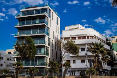 Tel Aviv, İsrail 21 Ocak 2024 Cityscape ve Tel Aviv mimarisi, ikonik şehir İsrail. Tel Aviv modern ve geleneksel binaları ile dünyanın en canlı şehirlerinden biridir.