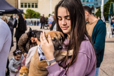 Tel Aviv, İsrail 2 Şubat 2024 SOS Hayvan Derneği 'nden yeni bir köpek sahibi yok edilmiş kibbutzlardan terk edilmiş köpeklerin evlat edinilmesi için Place Otage' da bir gün düzenliyor.