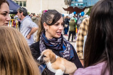 Tel Aviv, İsrail 2 Şubat 2024 SOS Hayvan Derneği 'nden yeni bir köpek sahibi yok edilmiş kibbutzlardan terk edilmiş köpeklerin evlat edinilmesi için Place Otage' da bir gün düzenliyor.