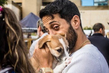 Tel Aviv, İsrail 2 Şubat 2024 SOS Hayvan Derneği 'nden yeni bir köpek sahibi yok edilmiş kibbutzlardan terk edilmiş köpeklerin evlat edinilmesi için Place Otage' da bir gün düzenliyor.